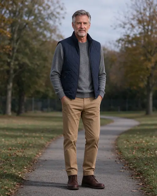A man in his fifties stands on a park path wearing a quilted navy vest, gray sweater, tan chinos and brown boots.