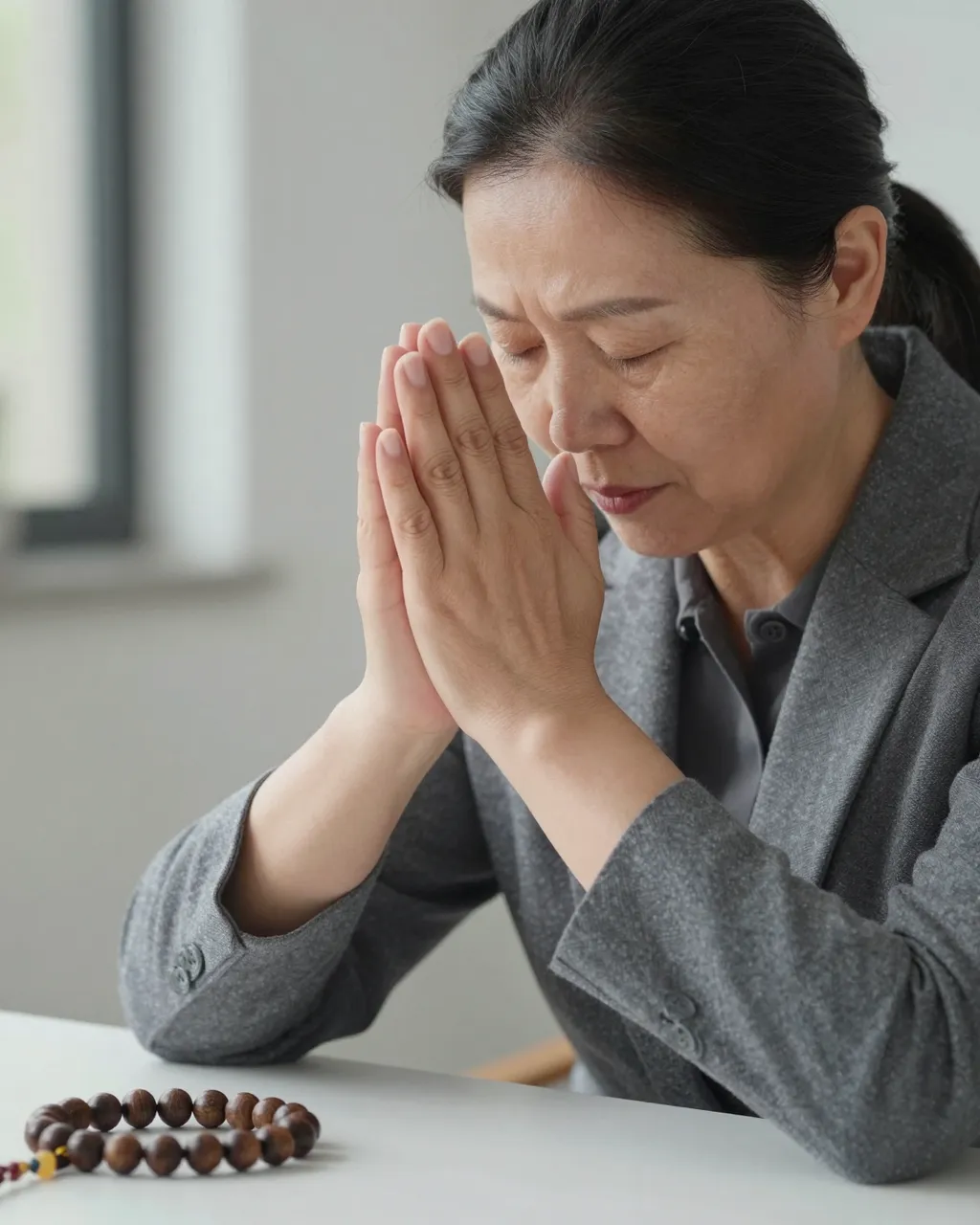 East Asian woman in her fifties holds clasped hands in prayer beside wooden beads on a table in soft daylight.