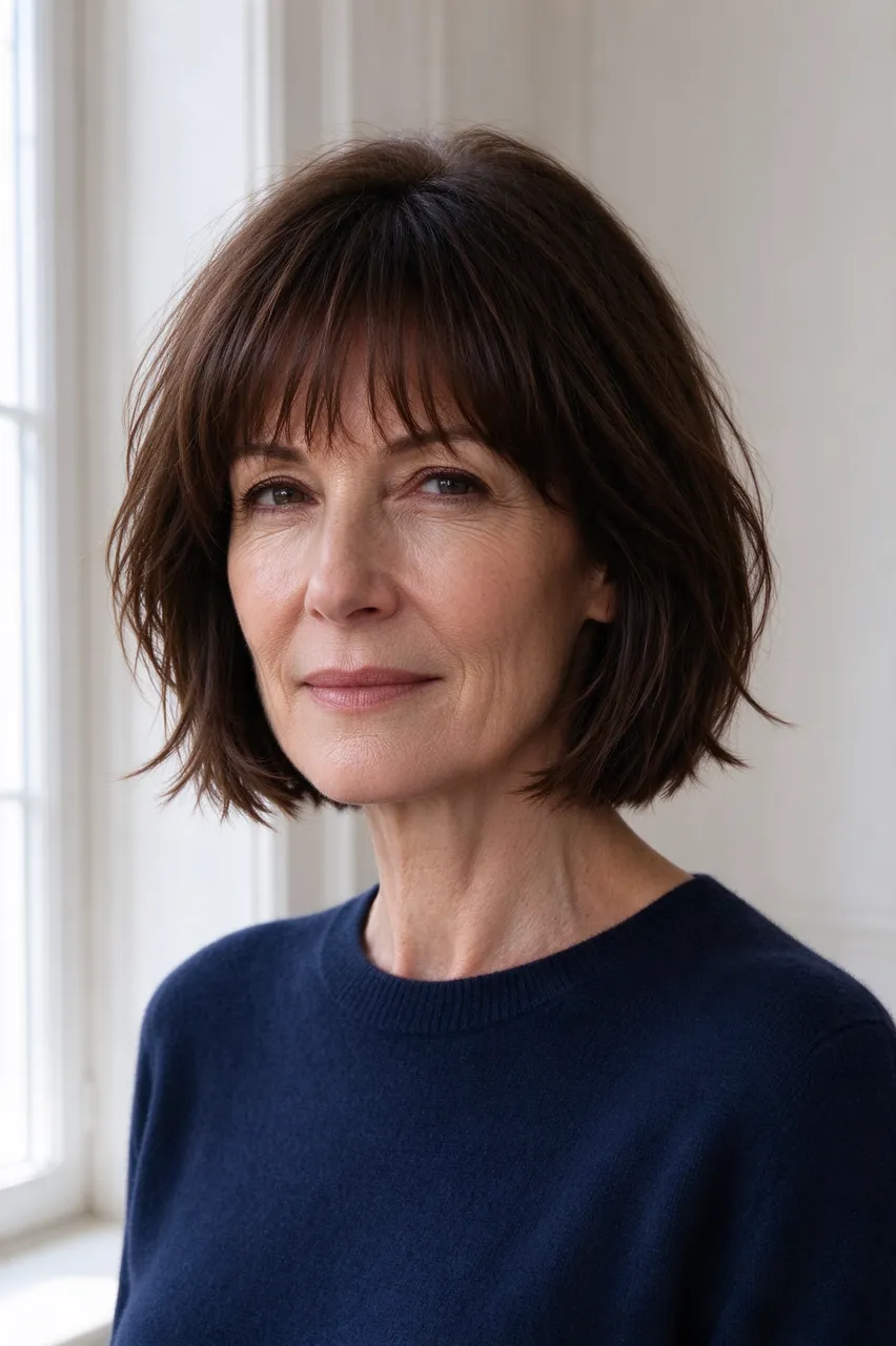 Portrait of a woman in her forties with a tousled french bob standing next to a bright window