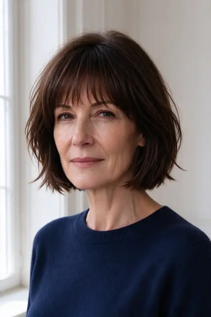 Portrait of a woman in her forties with a tousled french bob standing next to a bright window