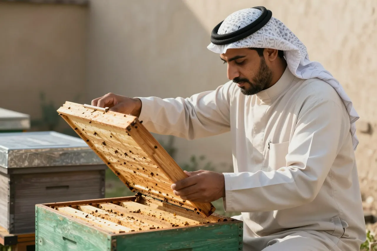 A Middle Eastern beekeeper in traditional dress lifts a wooden beehive lid in warm afternoon light.