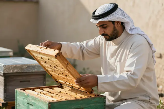 A Middle Eastern beekeeper in traditional dress lifts a wooden beehive lid in warm afternoon light.