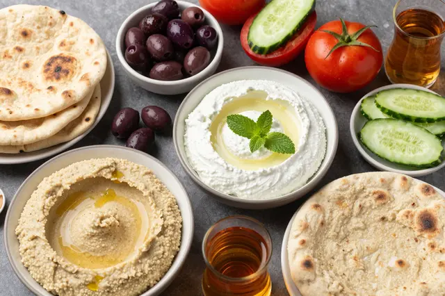 Flat lay of a Middle Eastern breakfast spread with dips, flatbread, vegetables and mint tea on a dark grey stone surface