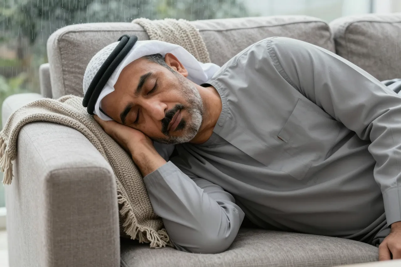 A Middle Eastern man in traditional attire naps on a gray sofa under soft rainy afternoon light.