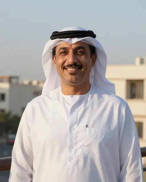Smiling middle aged Middle Eastern man in traditional clothing standing on a balcony at sunrise