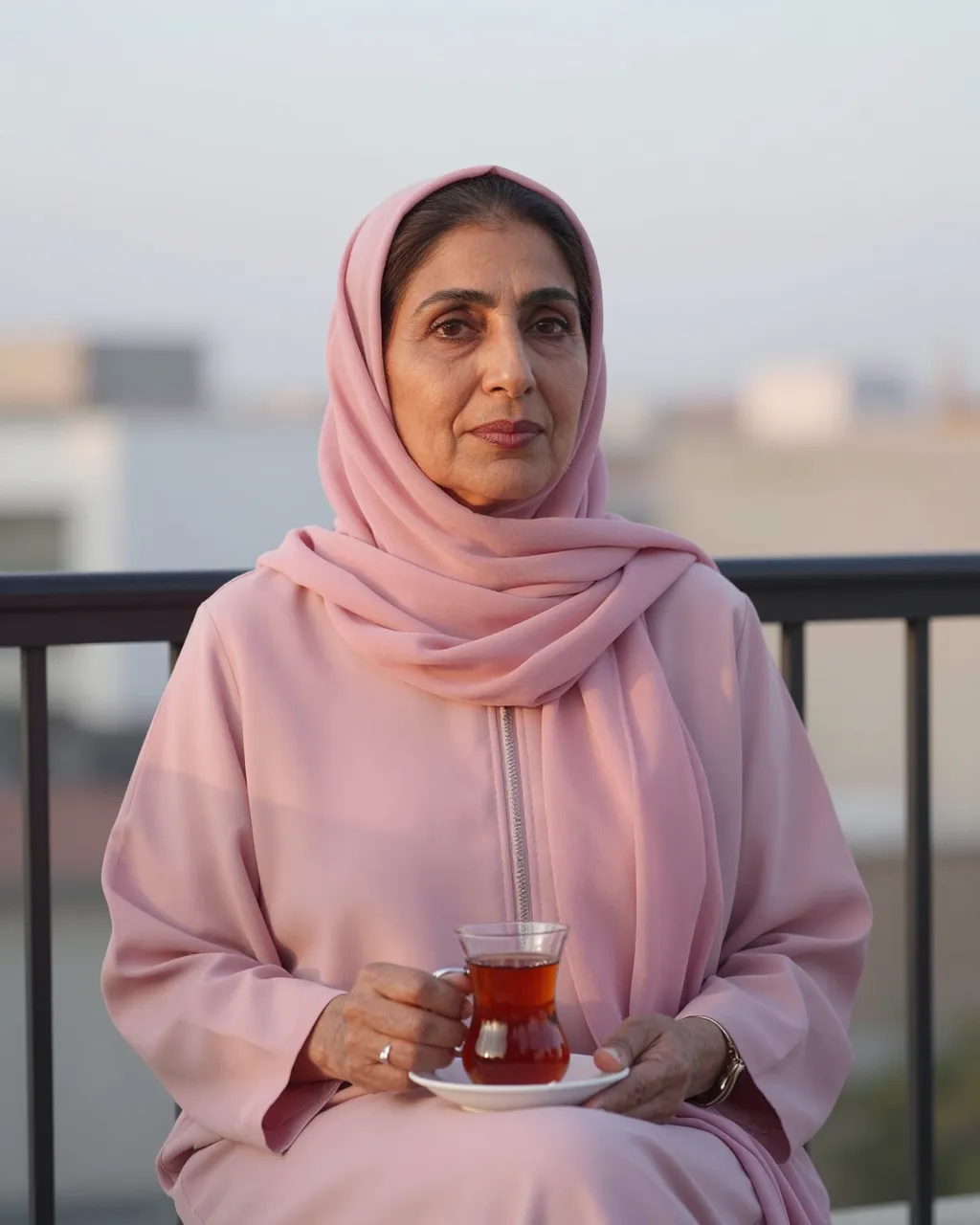 A Middle Eastern woman in her fifties holds a glass of red tea while seated on a dawn balcony with soft pink light.