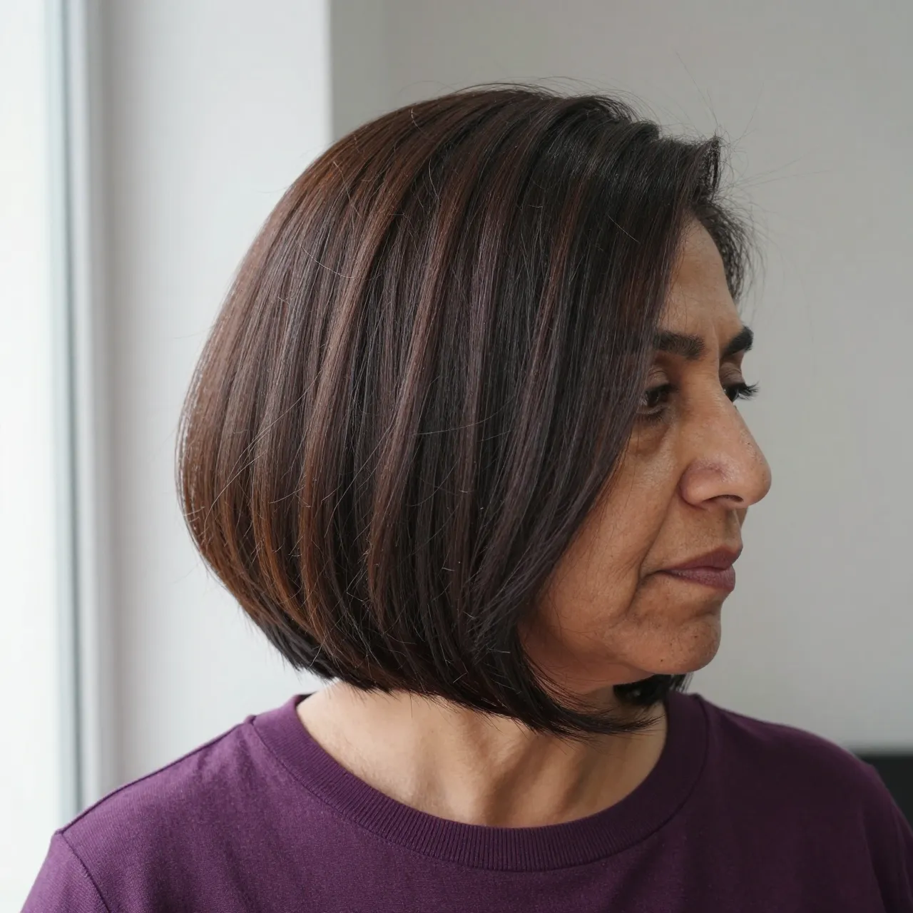 Profile view of a Middle Eastern woman in her fifties with a rounded bob, wearing a plum sweater by window light