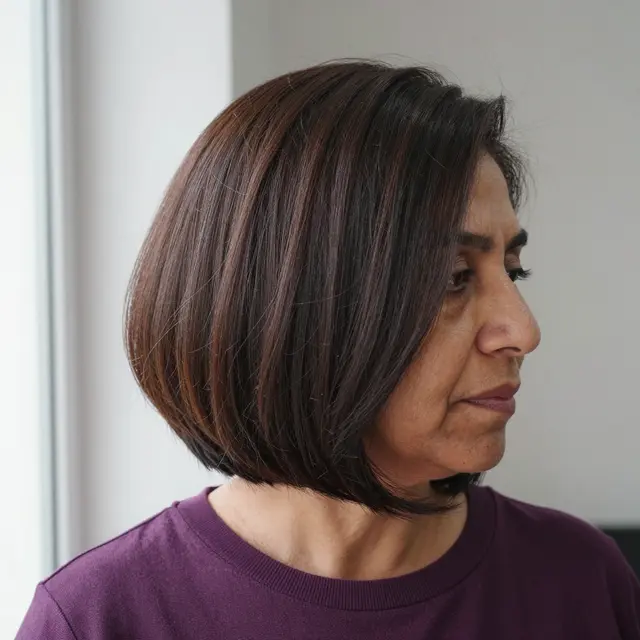 Profile view of a Middle Eastern woman in her fifties with a rounded bob, wearing a plum sweater by window light