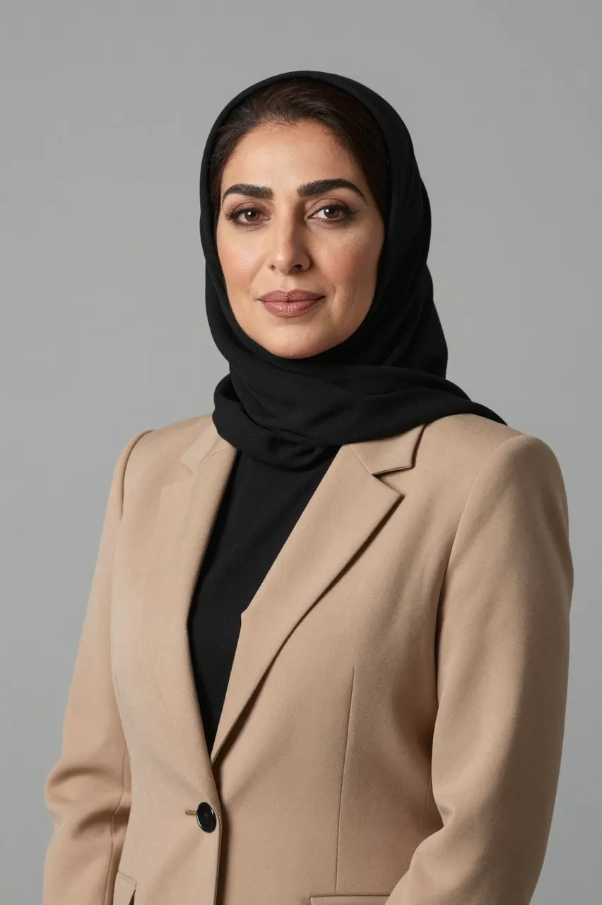 Studio portrait of a Middle Eastern woman in a camel blazer and black hijab against a neutral gray backdrop