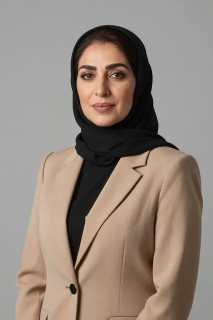 Studio portrait of a Middle Eastern woman in a camel blazer and black hijab against a neutral gray backdrop
