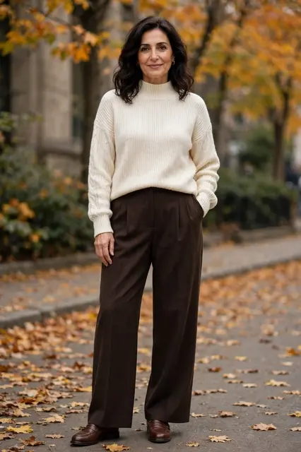 A middle aged Middle Eastern woman stands on an autumn sidewalk in a cream sweater and brown trousers