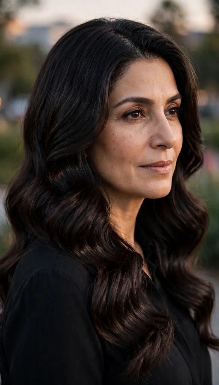 Three-quarter view portrait of a Middle Eastern woman in her forties with wavy dark hair outdoors at golden hour