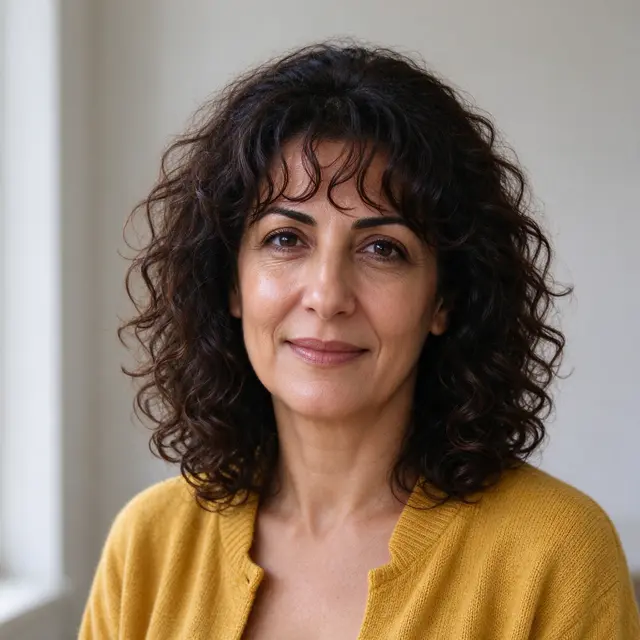 Close-up portrait of a late forties woman with curly dark hair wearing a mustard cardigan in soft daylight