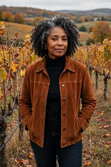 A Black woman in her fifties stands with hands in jacket pockets in a fall vineyard
