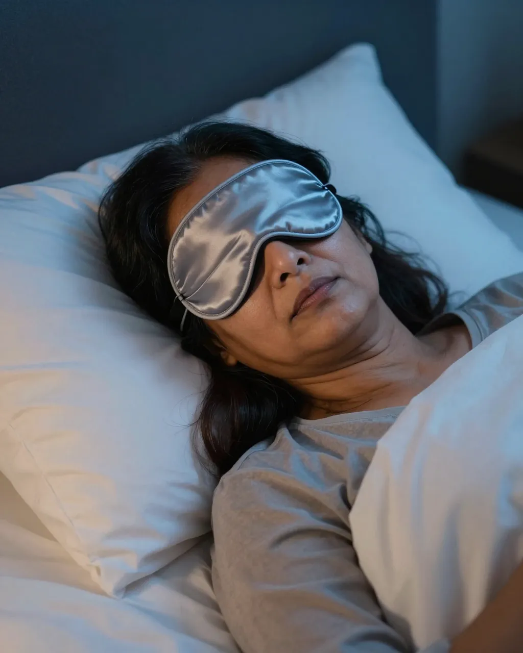 A South Asian woman in her fifties sleeps peacefully wearing a silver silk eye mask in a dim bedroom