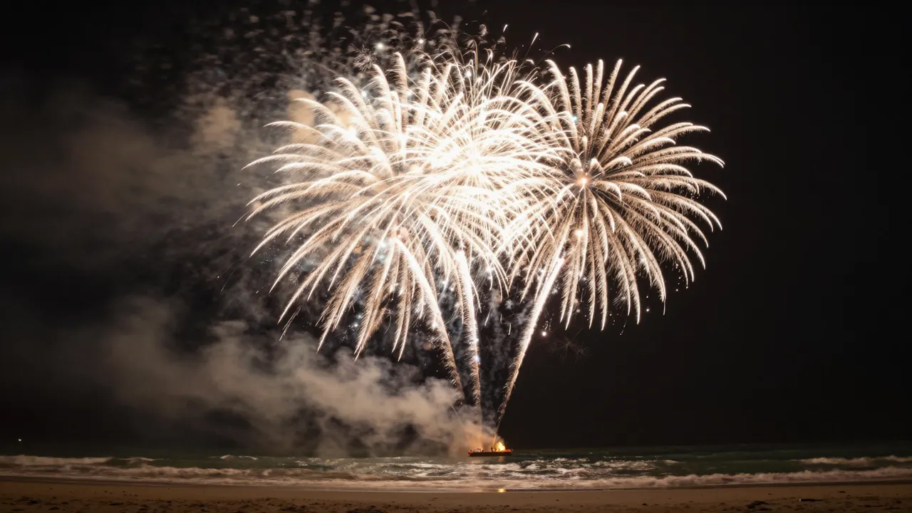 Bright golden fireworks burst over the ocean and sandy beach at dark midnight