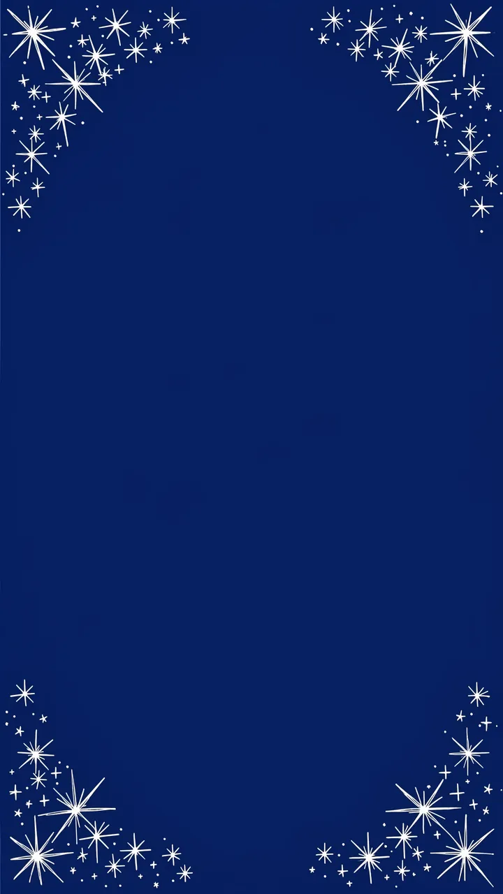 A solid midnight blue vertical background with hand-drawn white sparkles clustered in all four corners and empty central