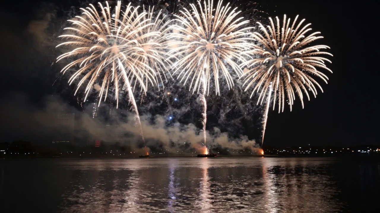 Bright golden fireworks burst over a calm lake with light reflections on the dark water at night
