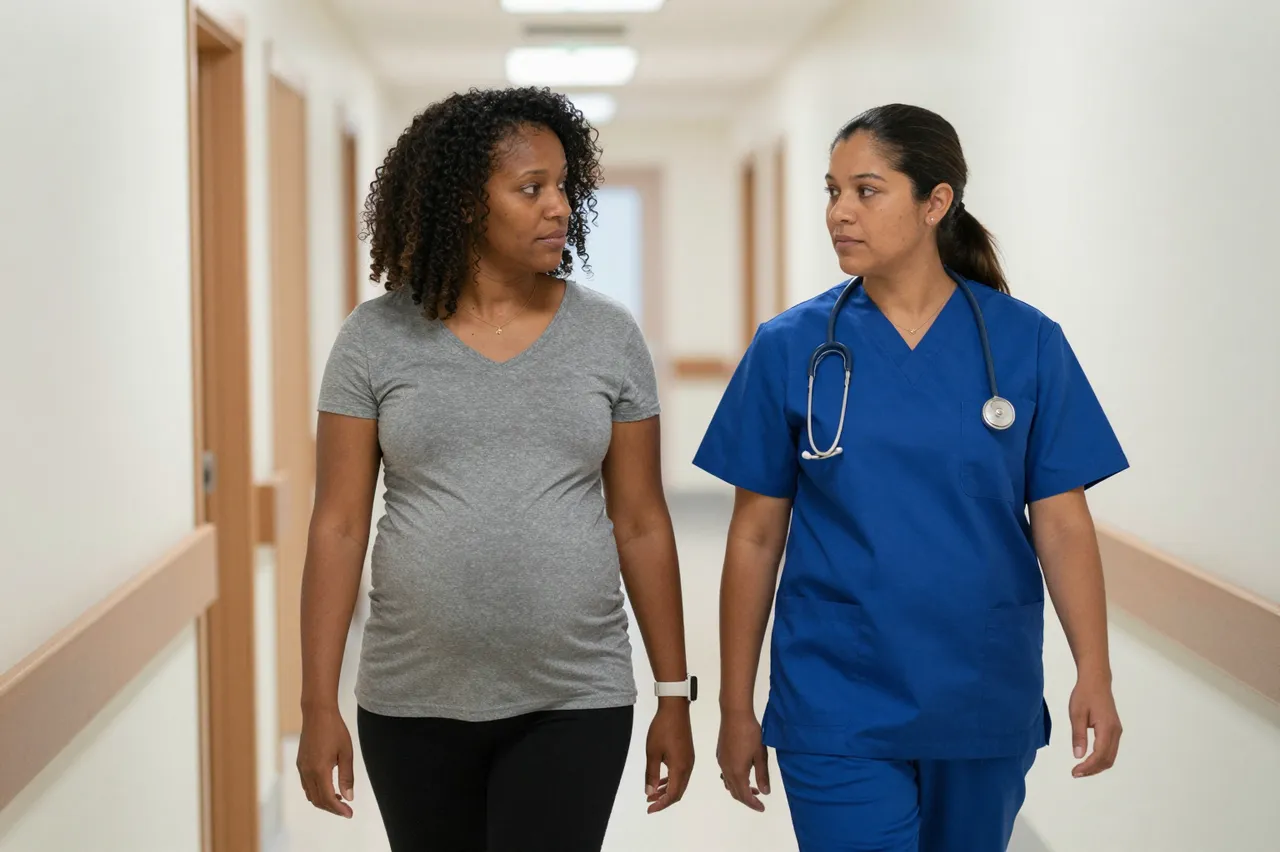 A Latina midwife in blue scrubs walks alongside a pregnant Black woman down a hospital corridor.