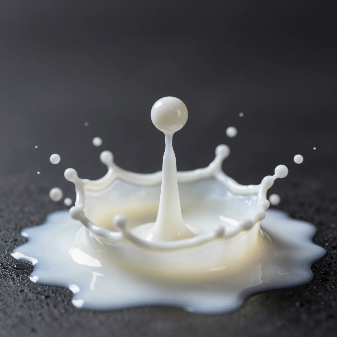 A frozen milk drop crown splash rests above a dark textured matte surface with scattered small droplets