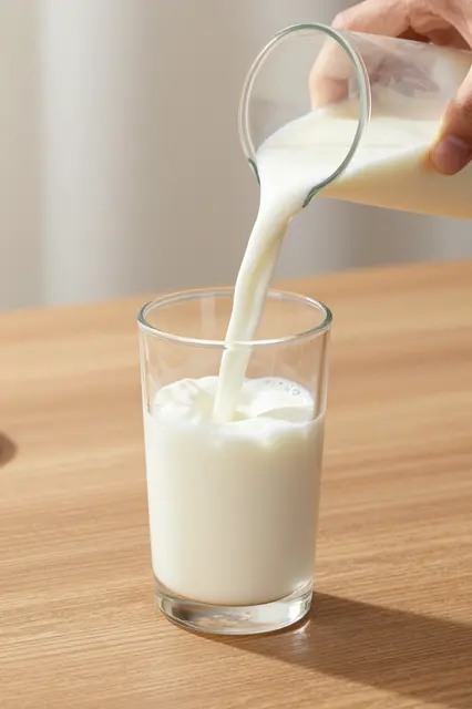 A hand pours milk from a small glass container into a tall glass resting on a wooden table