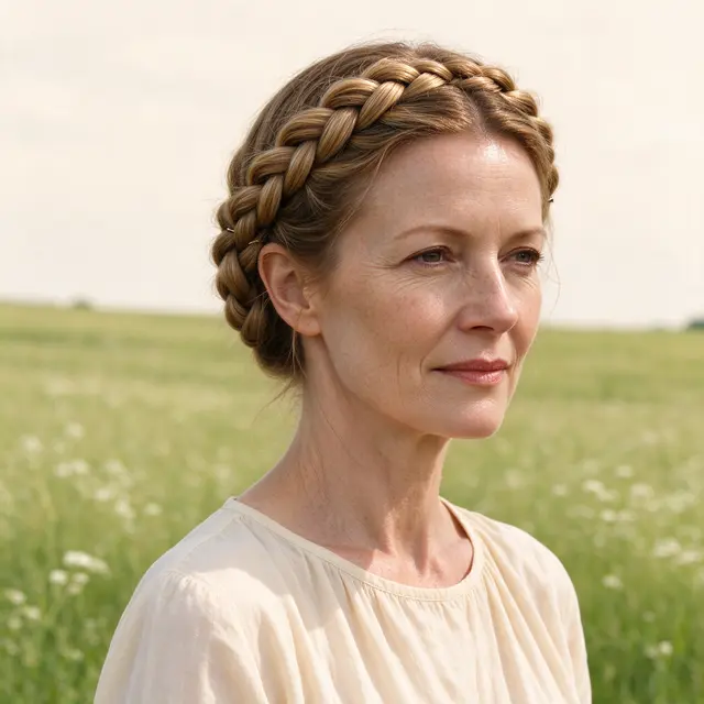 A middle aged woman with a crown milkmaid braid stands in a sunlit wildflower meadow