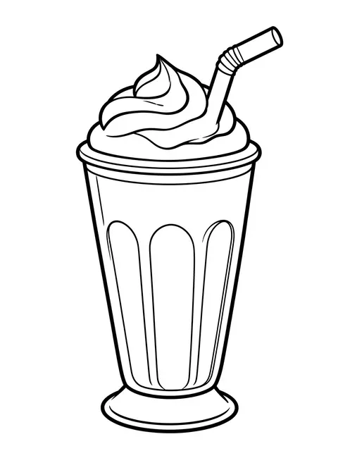Bold black line art of a milkshake with whipped cream and a bendy straw on a plain white background