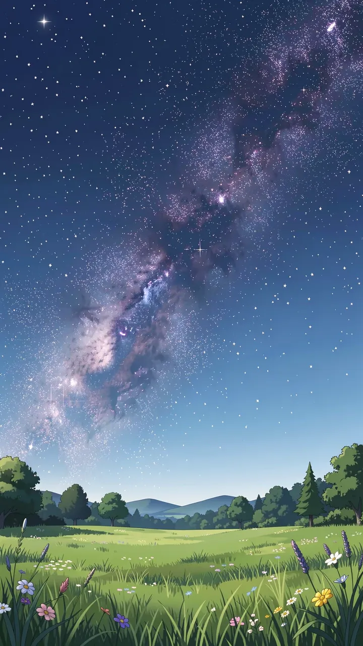 An anime-style illustration of the glowing milky way arching over a quiet wildflower meadow on a clear summer night