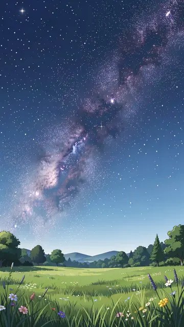 An anime-style illustration of the glowing milky way arching over a quiet wildflower meadow on a clear summer night