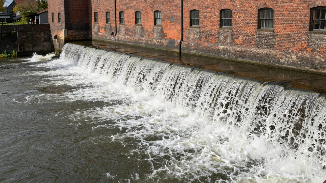 White water spills over a wide river weir alongside an aged red brick mill building