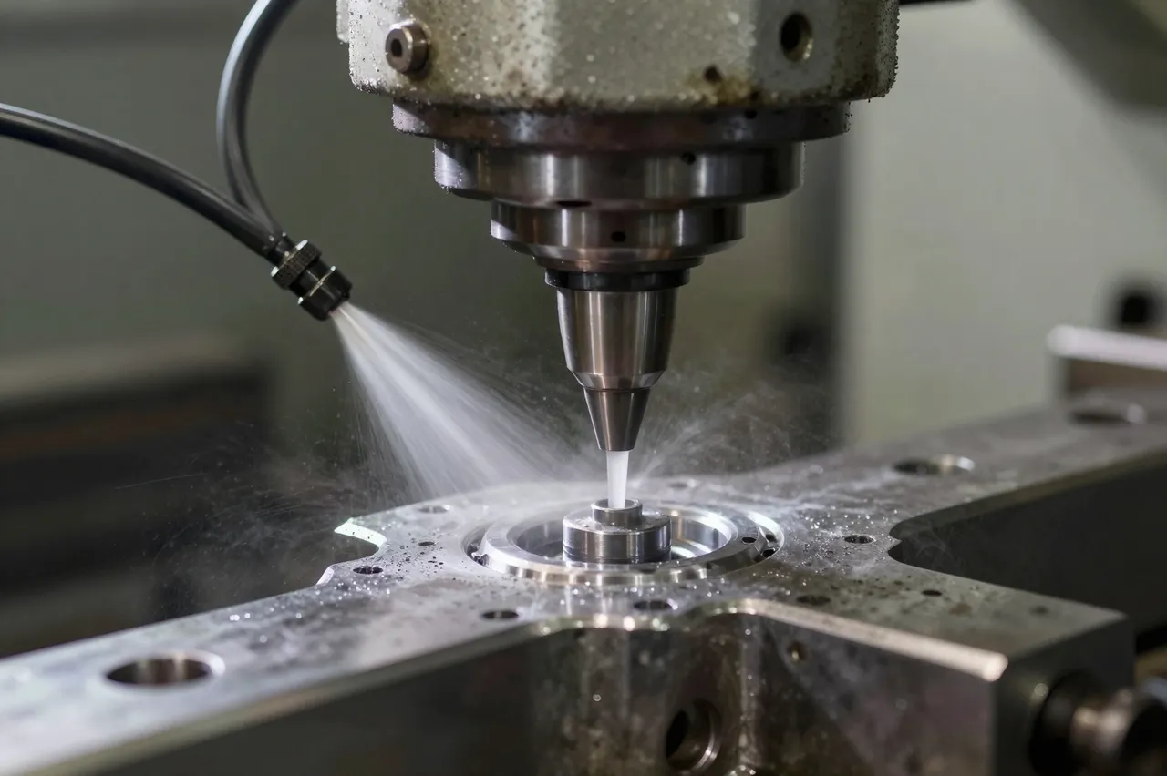 Close-up of an industrial milling machine cutting a metal part with active coolant spray during machining