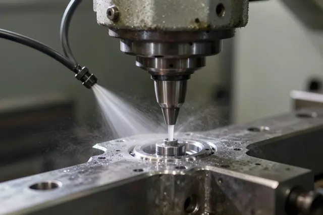 Close-up of an industrial milling machine cutting a metal part with active coolant spray during machining