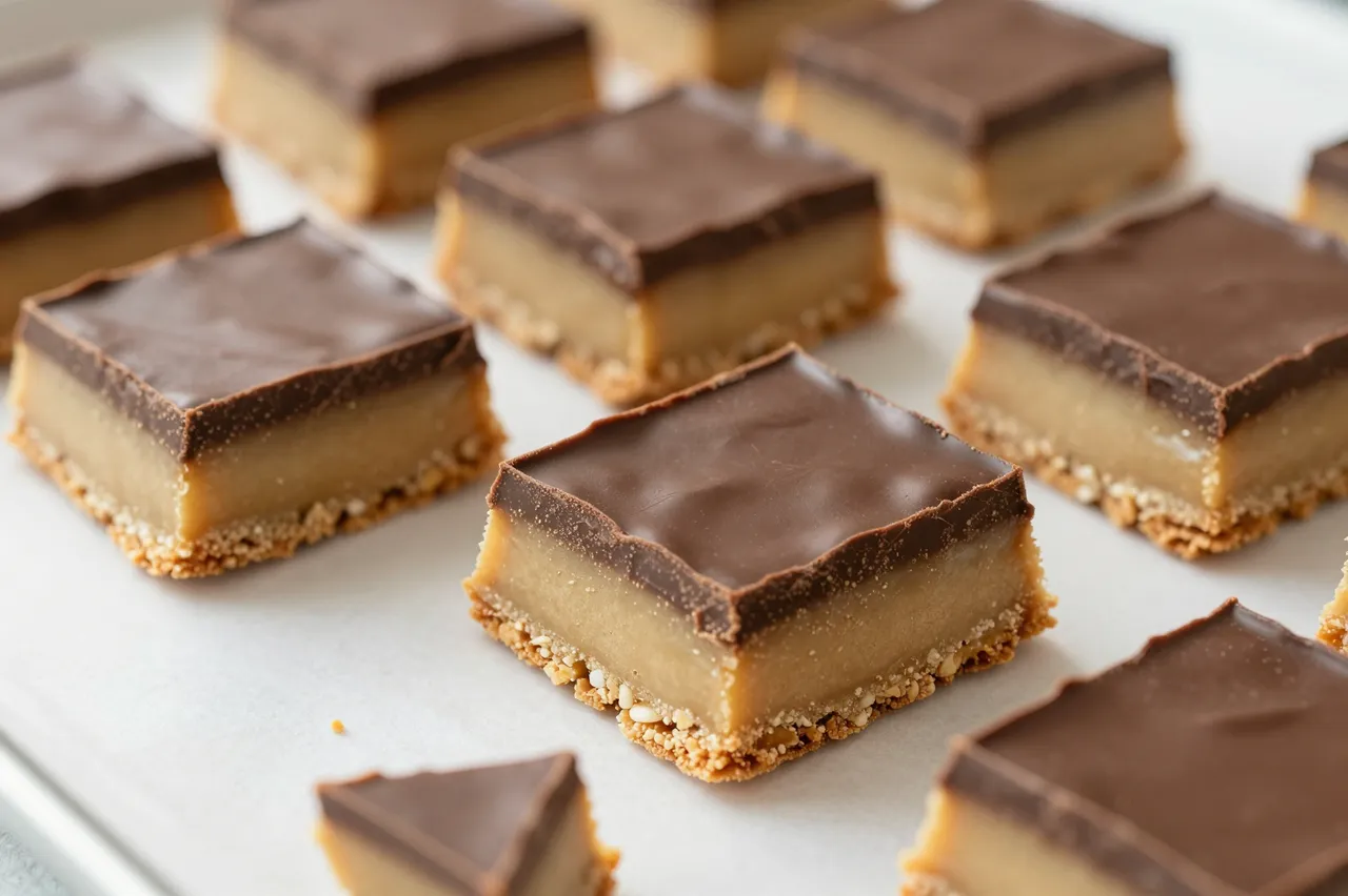 Cut caramel shortbread bars with chocolate tops rest arranged on white parchment paper