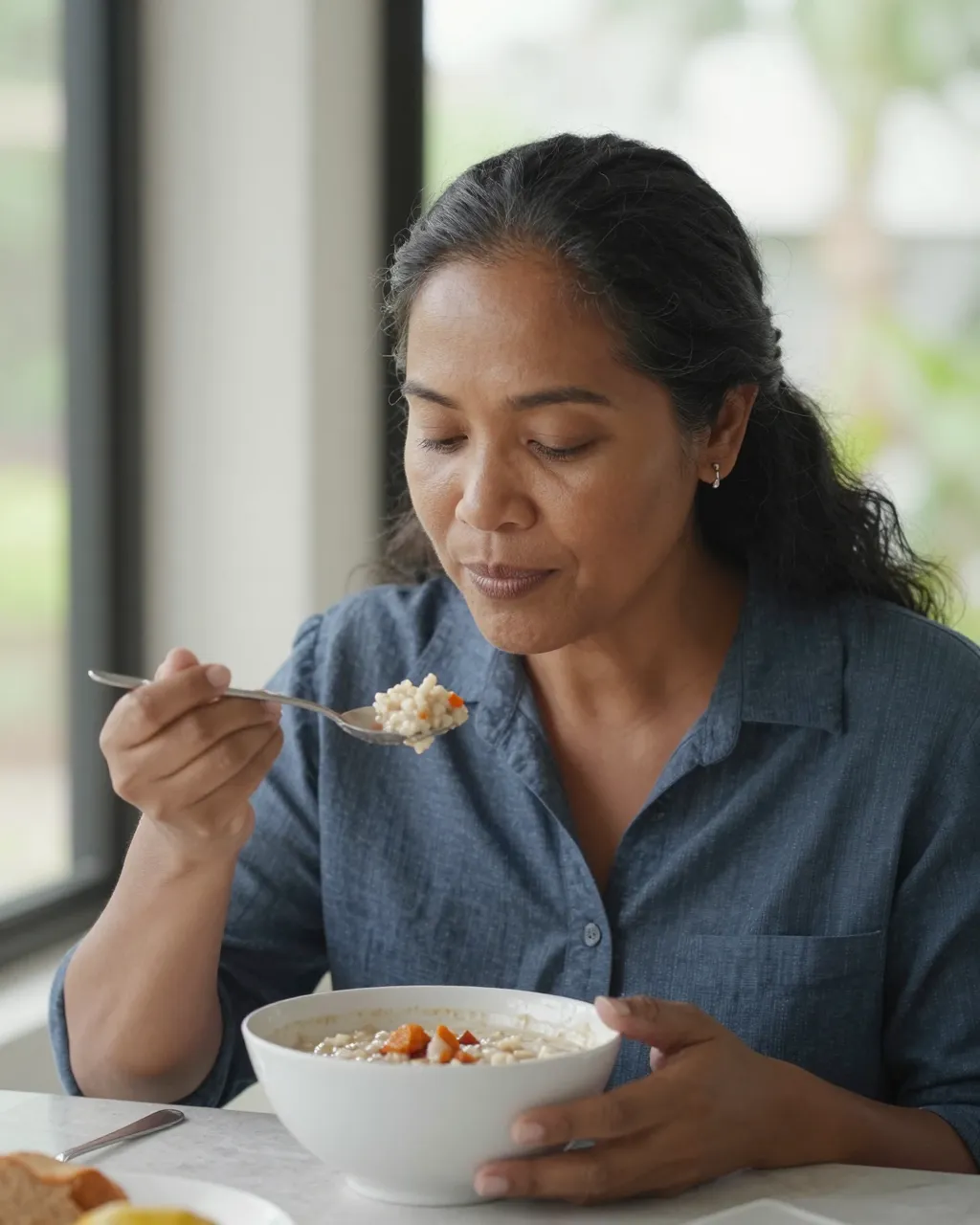 Middle aged Pacific Islander woman eating porridge slowly by a sunlit window