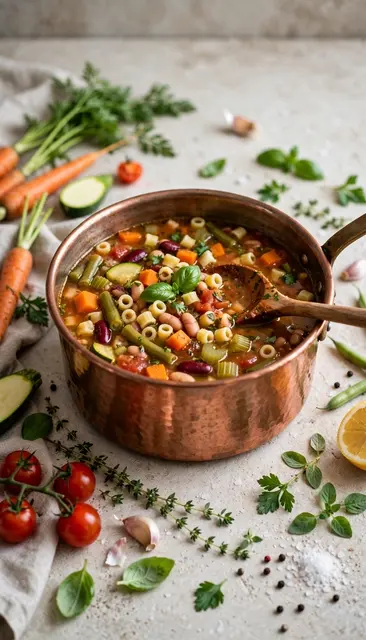 Hearty minestrone soup in a hammered copper pot, surrounded by fresh vegetables and herbs on a light countertop.