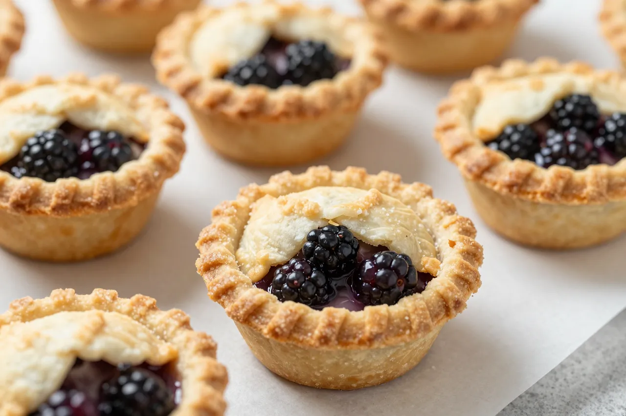Fresh baked small blackberry tarts with crimped sugar crust arranged on light parchment paper