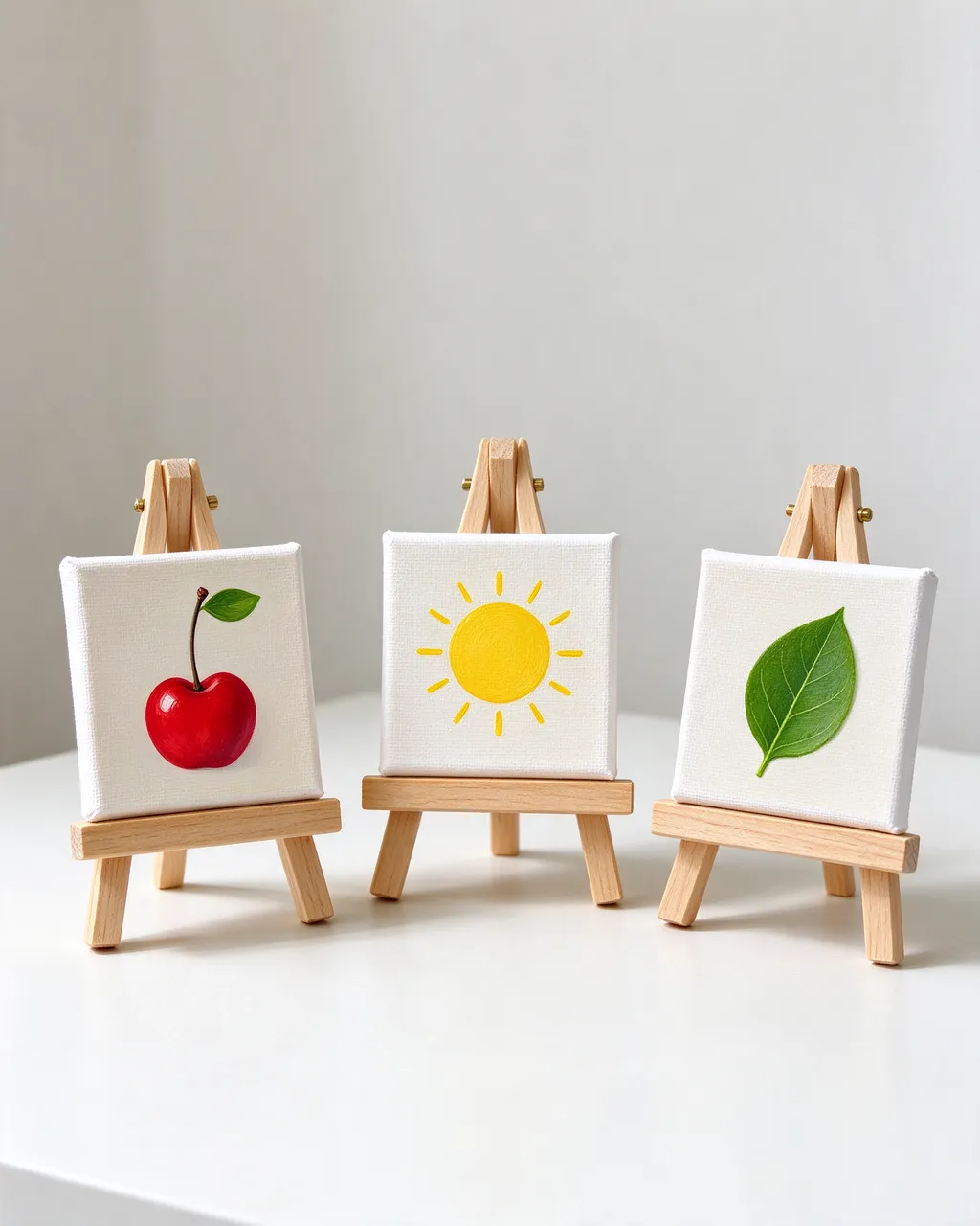 Three tiny painted canvases depicting a cherry, sun, and leaf sit on small wooden easels on a white table