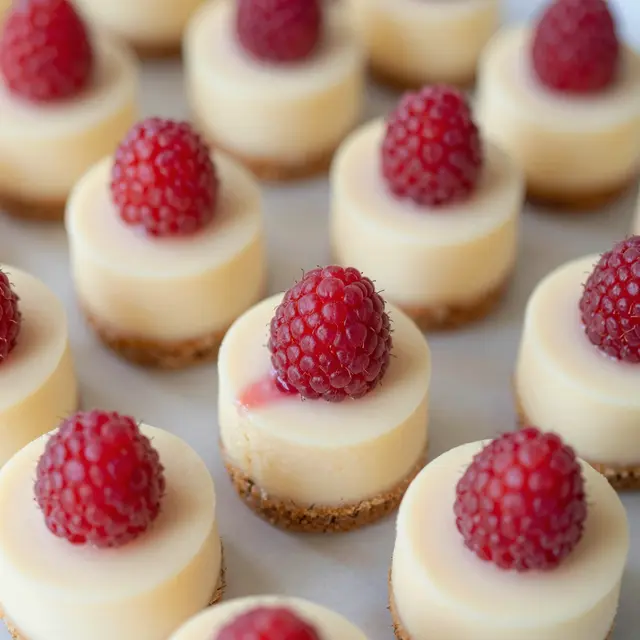 Top view of a neat arrangement of individual mini cheesecakes topped with fresh raspberries on parchment paper