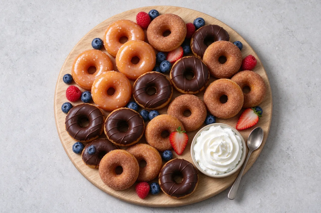 Overhead view of a round wooden platter holding assorted mini donuts, fresh berries, and a bowl of whipped cream.