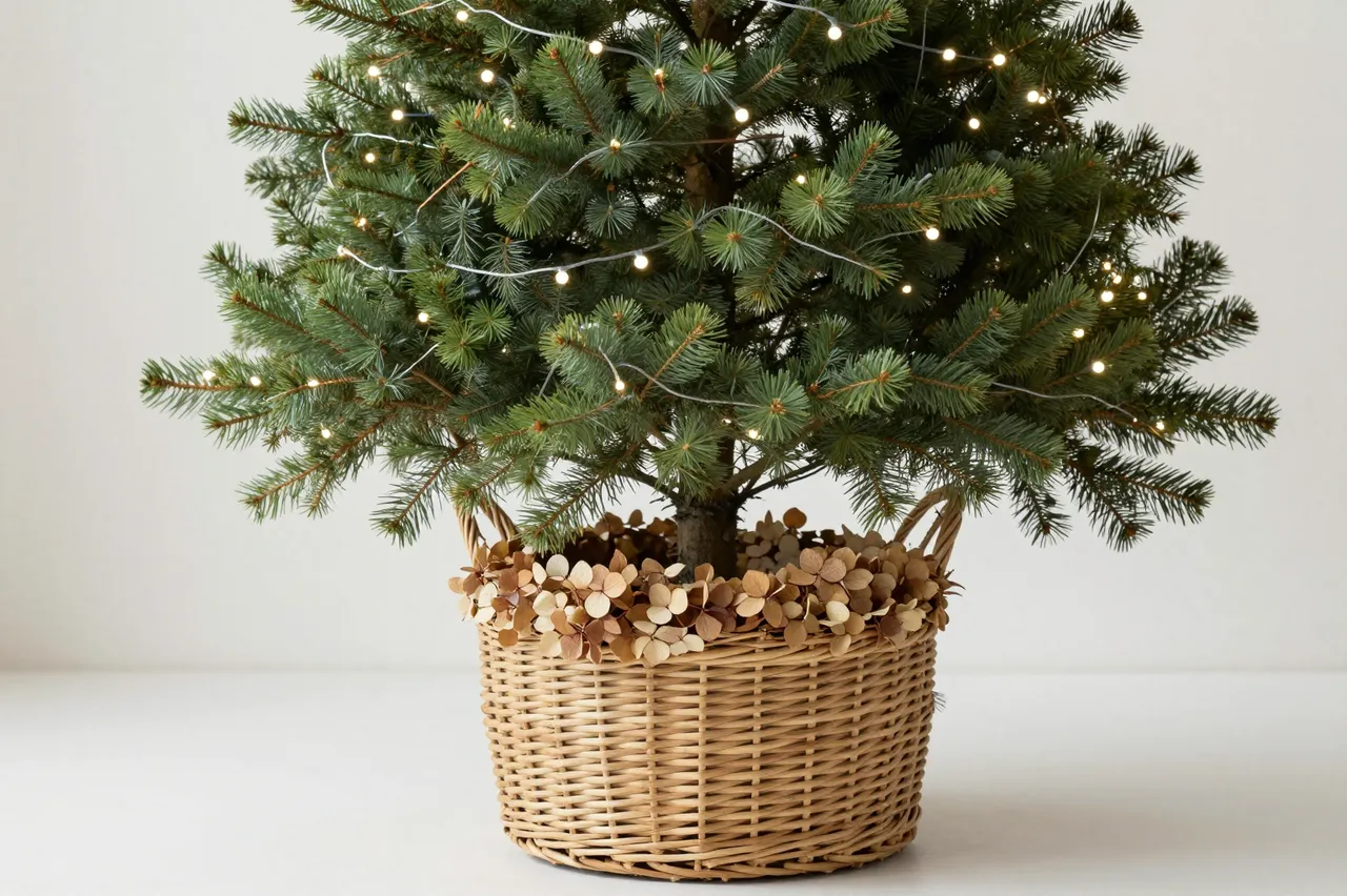 A small Christmas fir tree with fairy lights sits in a wicker basket lined with dried hydrangeas against a neutral light