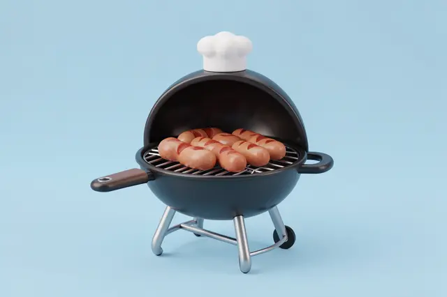Cute 3D render of a small barbecue grill holding sausages topped with a tiny chef hat on a pastel light blue background