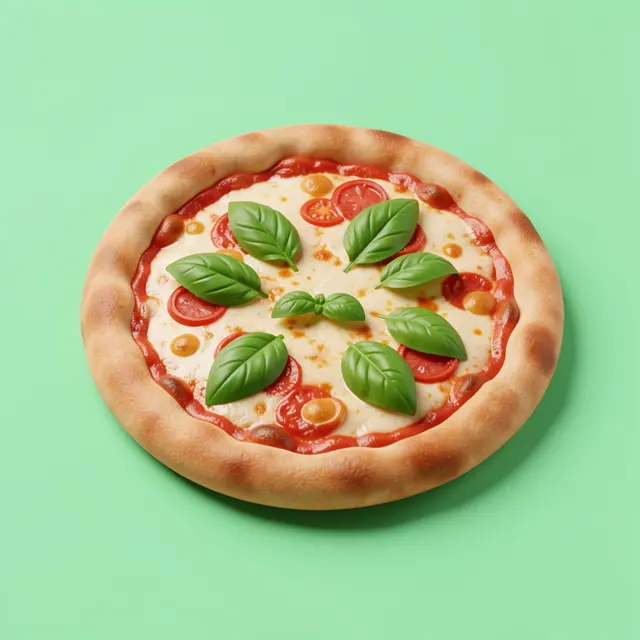 3D render of a whole mini margherita pizza topped with basil leaves resting on a solid mint green background