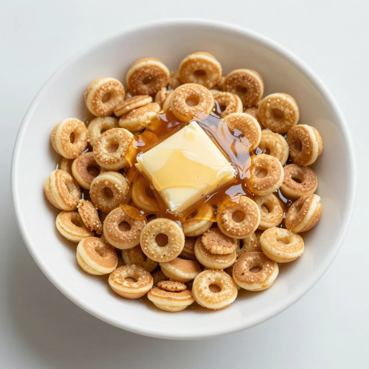 Top-down view of a white bowl filled with tiny ring-shaped pancake cereal, butter, and maple syrup.