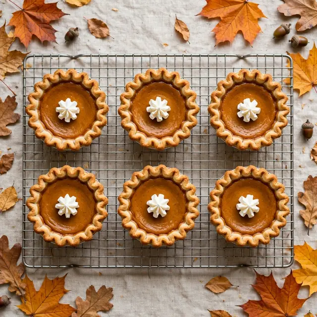 Overhead view of six mini pumpkin pies with whipped cream stars on a wire rack surrounded by autumn leaves