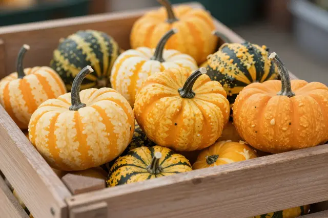 Assorted mini pumpkins and gourds fill a light wooden slatted crate with a soft blurred background.