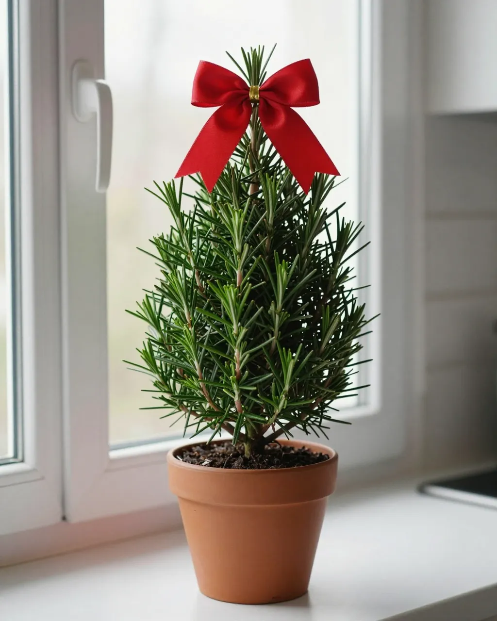 A potted rosemary shaped like a tiny Christmas tree with a red satin bow sits on a kitchen windowsill