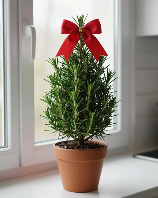 A potted rosemary shaped like a tiny Christmas tree with a red satin bow sits on a kitchen windowsill