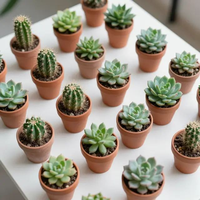 Overhead view of assorted small cacti and succulents arranged in terracotta pots on a white tabletop