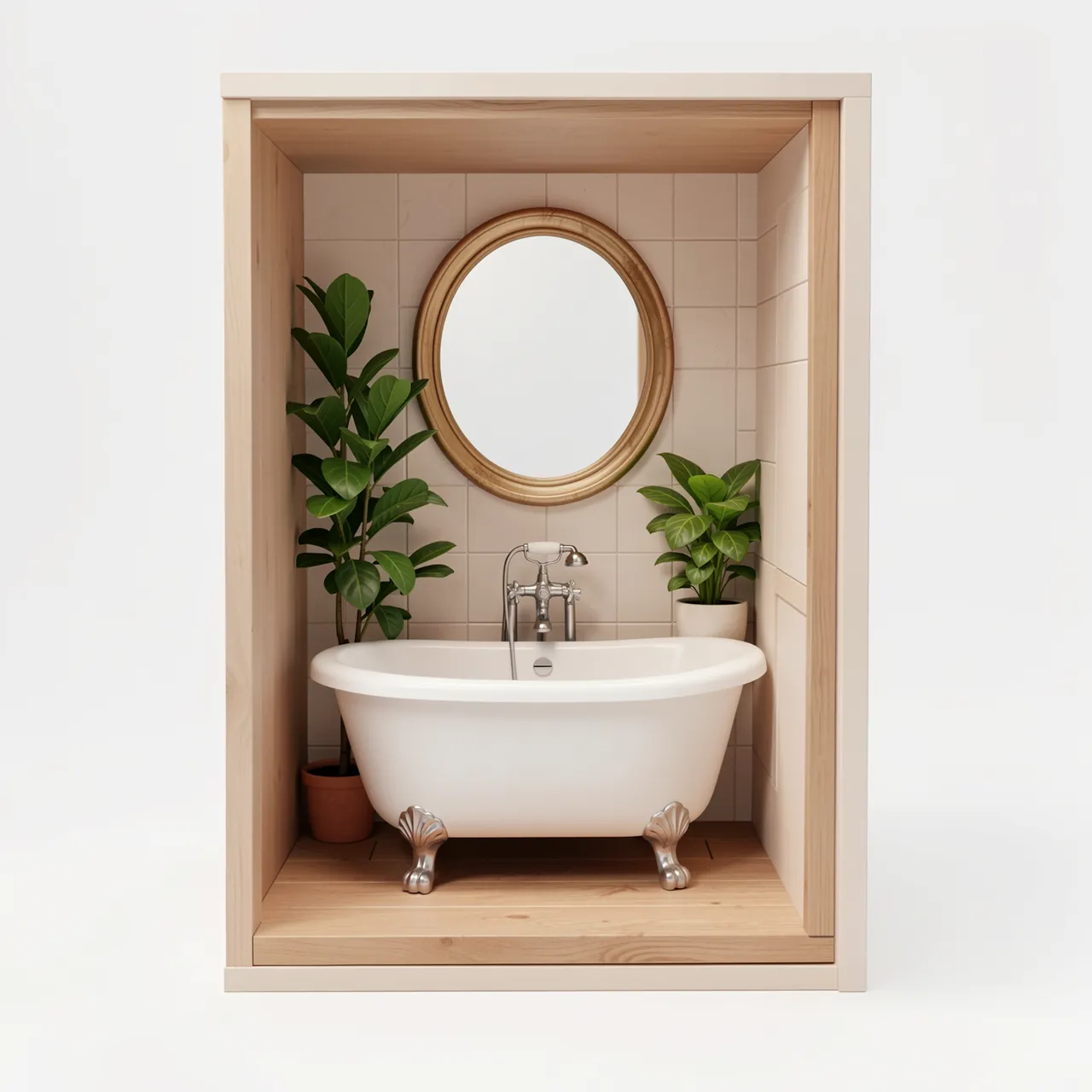 Tiny 3D rendered cutaway bathroom with clawfoot tub, potted plants, and round gold-framed mirror.