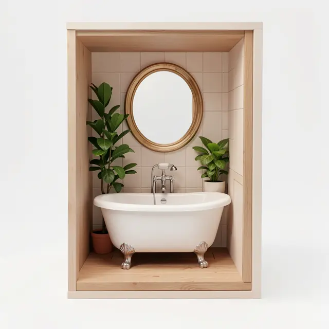 Tiny 3D rendered cutaway bathroom with clawfoot tub, potted plants, and round gold-framed mirror.